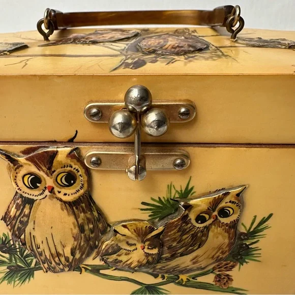 Wood Box 3D Decoupage Purse Octagon Brass Clasp Owls Vintage 60s/70s - Picture 12 of 16